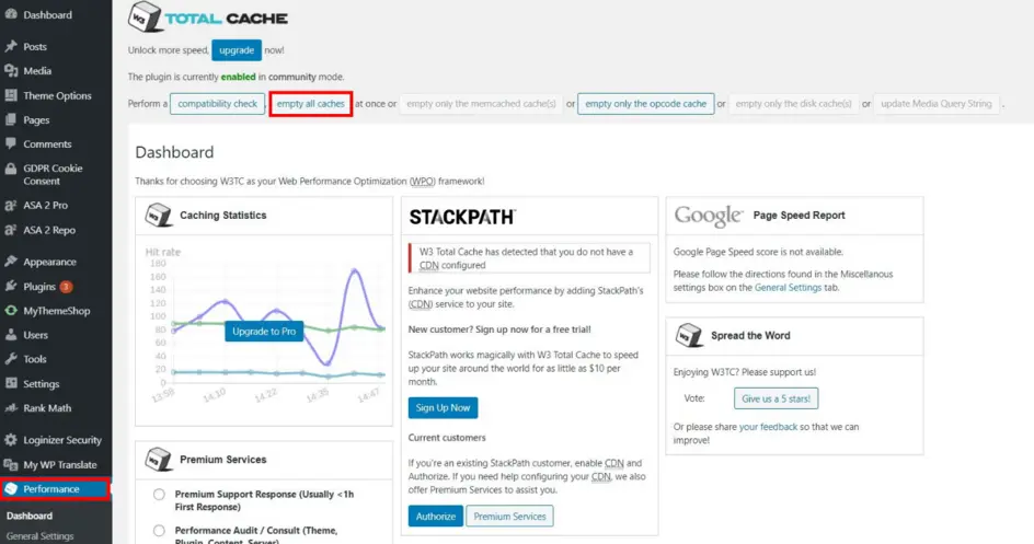 W3 Total Cache settings page showing Performance dashboard and Empty All Caches button