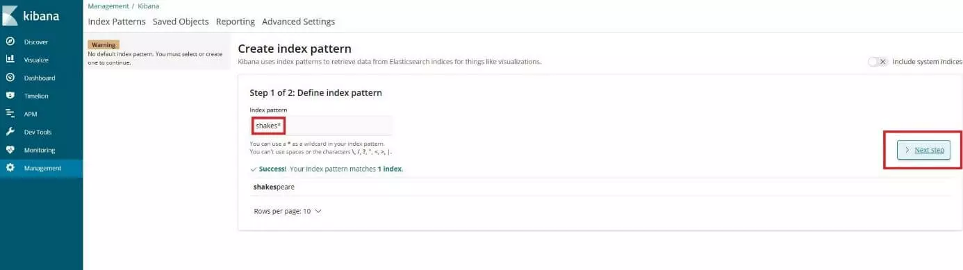 Image: Kibana interface: menu for creating the index pattern
