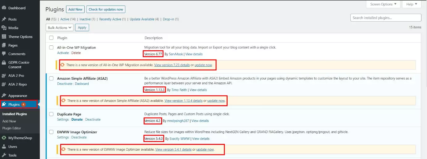 Image: Plugins section of the WordPress dashboard