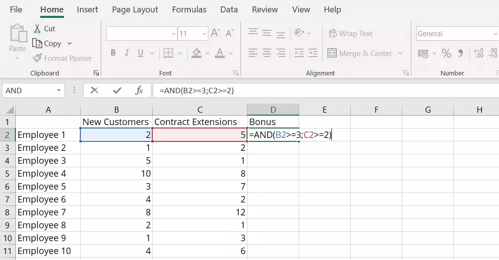 Image: Excel AND function: entering the function in the cell