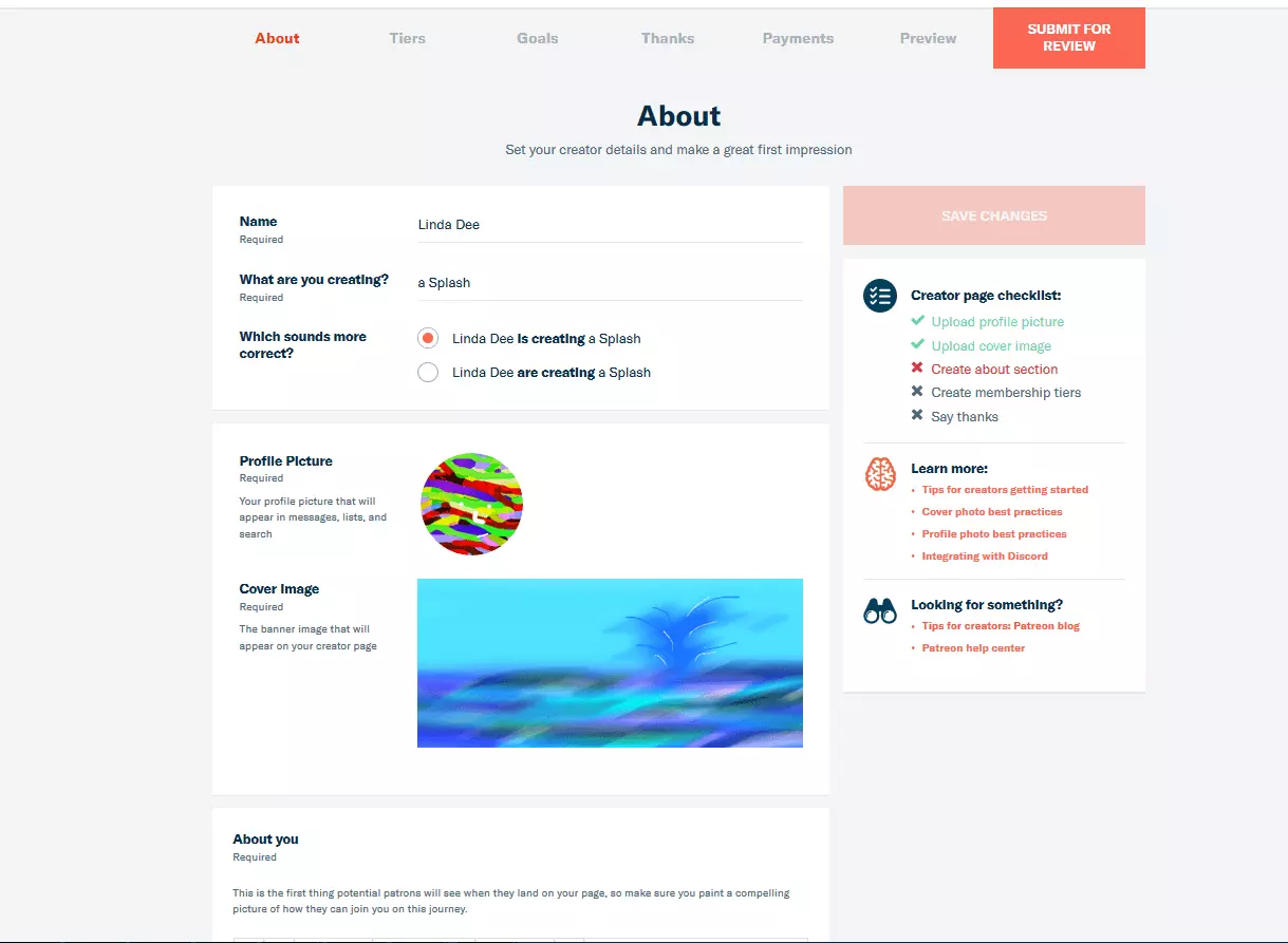 Image: Back-end of the Patreon About page with user name, donation goal and profile picture