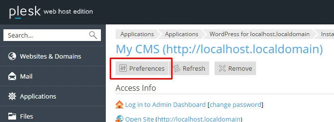 Plesk - Click the Preferences button Plesk - Click the Preferences button