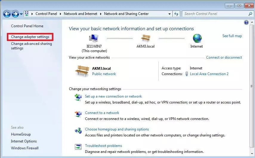 Image: Network and Sharing Center in the Windows control panel