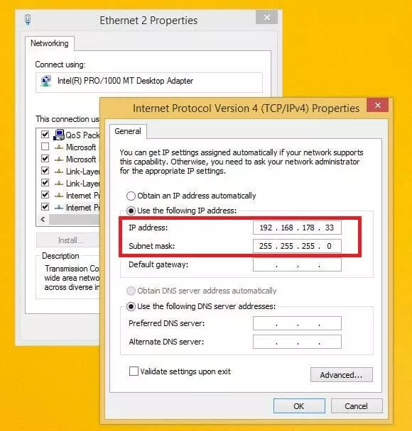 Image: Windows 8 menu for the internet protocol IPv4 – manual address assignment