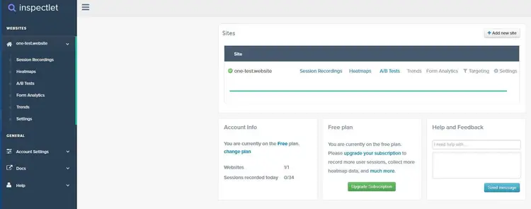 Dashboard of Inspectlet Dashboard of Inspectlet