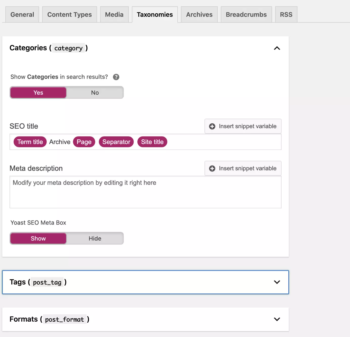 Image: The Yoast SEO “Taxonomies” tab in the “Search appearance” section