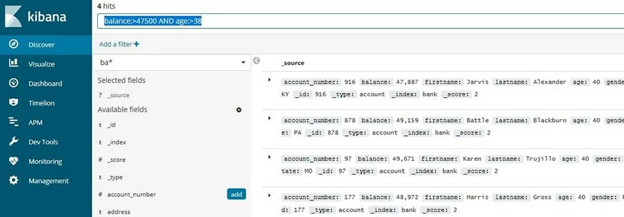 Image: Kibana: results of data set filtering