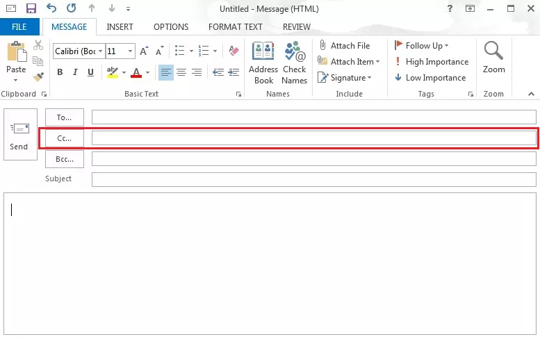 Image: Microsoft Outlook 2013: The address fields To, CC, and BCC in the email window