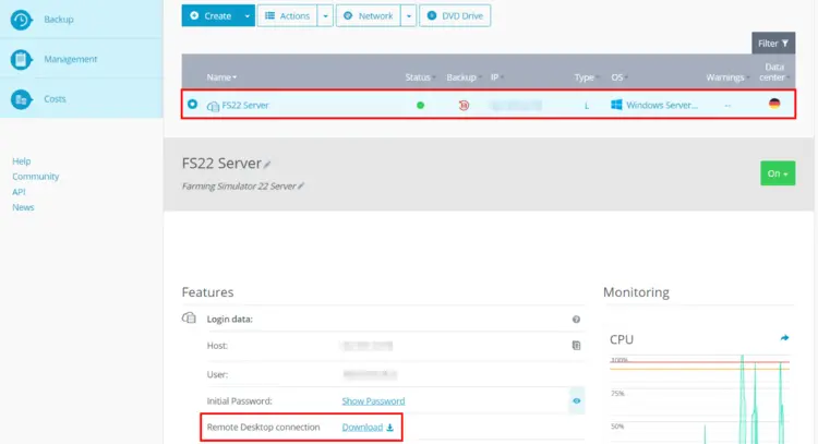 Login data to server in IONOS Cloud Panel Login data to server in IONOS Cloud Panel