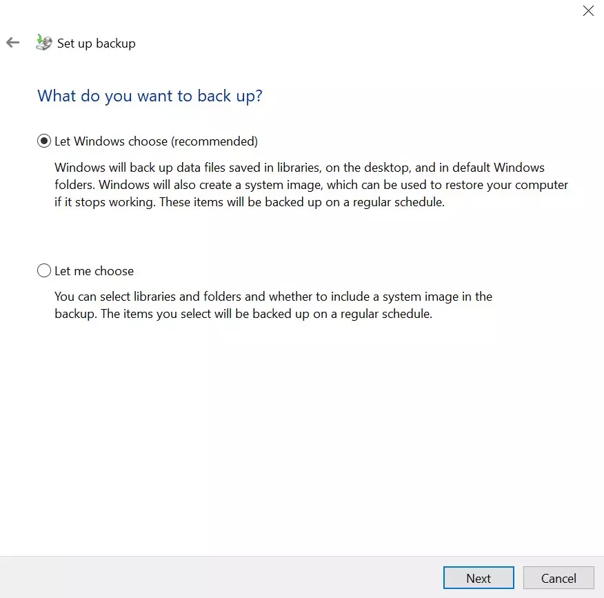 Image: Windows 10: selecting files to be backed up