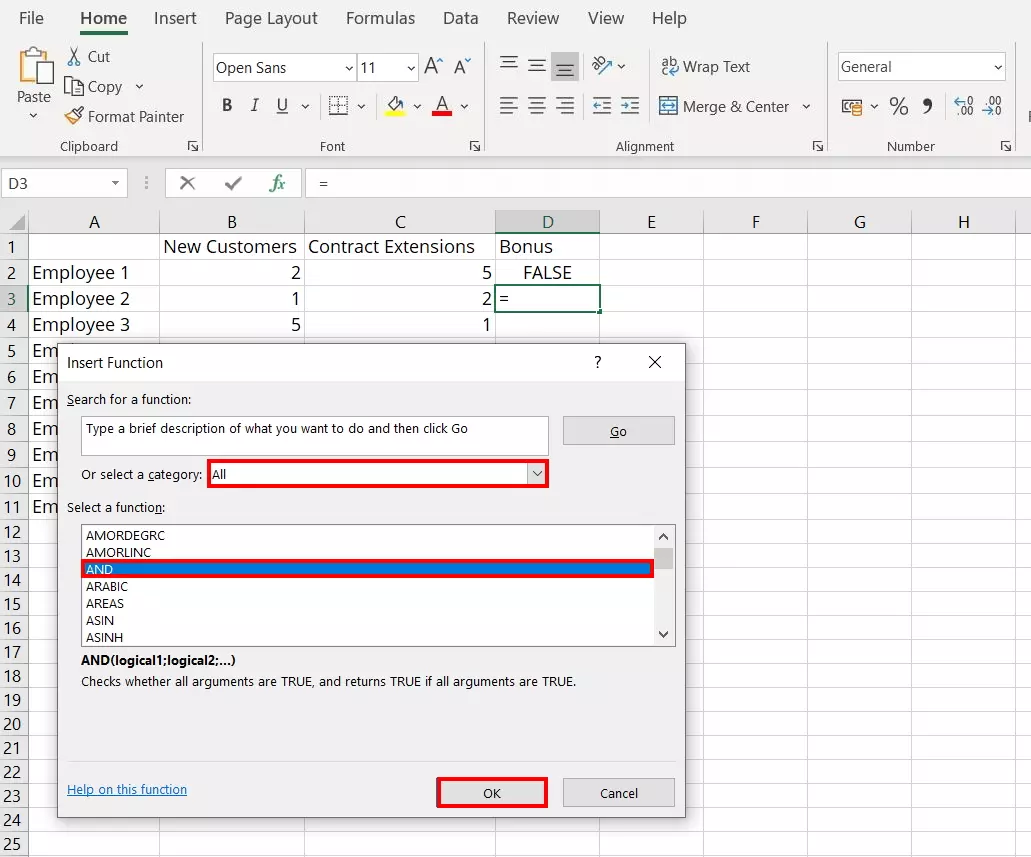 Image: Selecting the Excel AND function