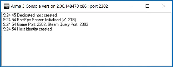 Arma 3 Console after successful server start Arma 3 Console after successful server start