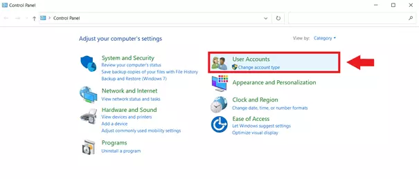Image: : Click “Change account type” under “User Accounts” to check or change the status of your user account