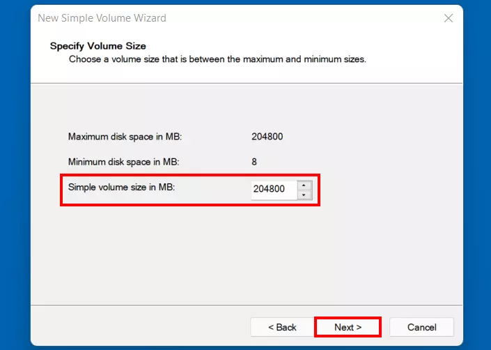Image: Windows 11: Set volume size