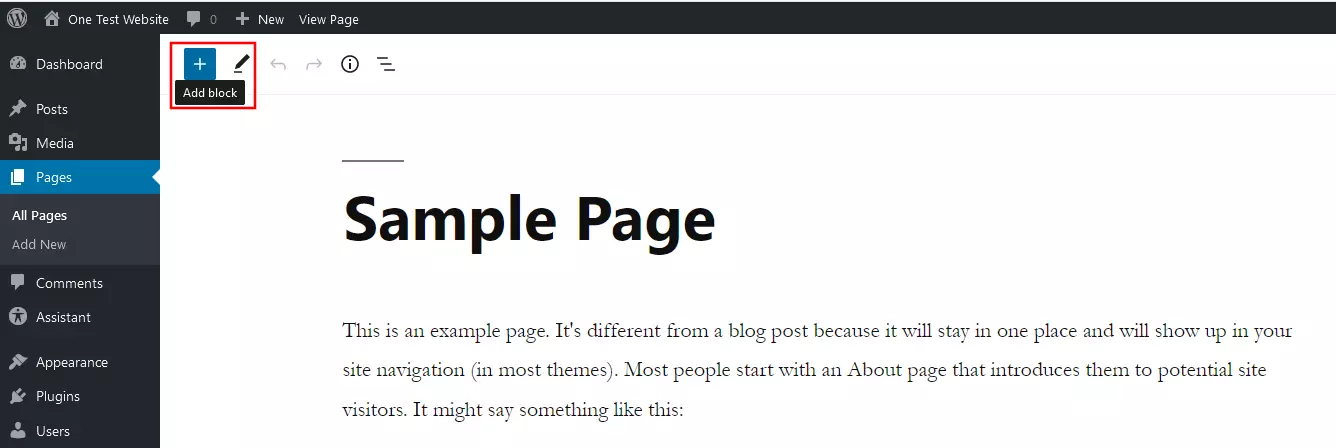 Image: WordPress: Button “Add block”