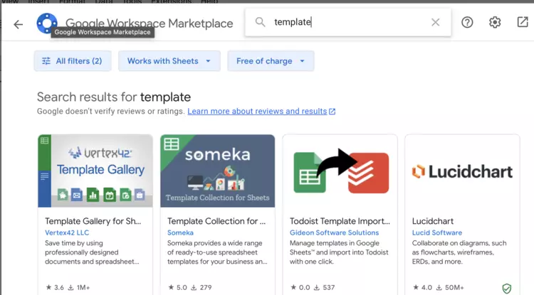 Screenshot of the add-ons for templates in Google Sheets Screenshot of the add-ons for templates in Google Sheets