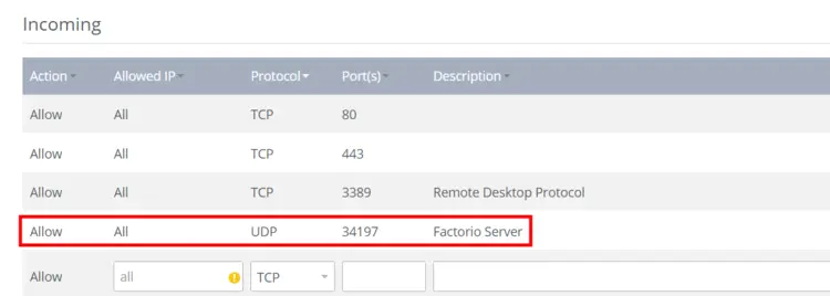 Opening a port for the Factorio server in the IONOS Cloud Panel Opening a port for the Factorio server in the IONOS Cloud Panel