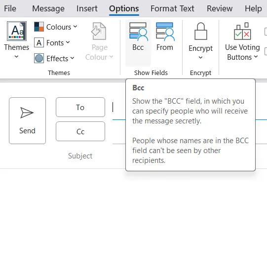 Outlook: Outlook 2016: The Bcc button in the Options tab Image: Outlook: Outlook 2016: The Bcc button in the Options tab
