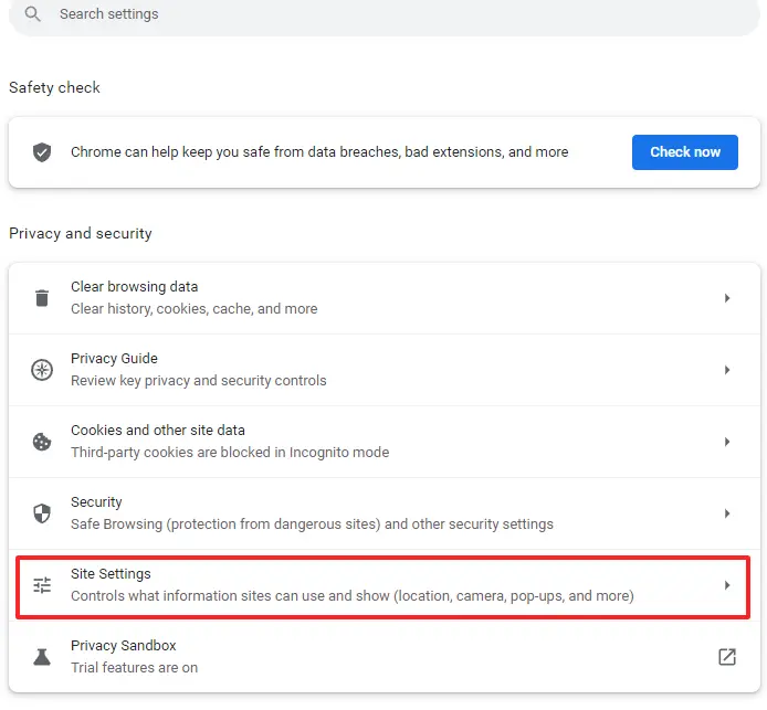 Screenshot of settings in the “Privacy and security” menu in Chrome Screenshot of settings in the “Privacy and security” menu in Chrome