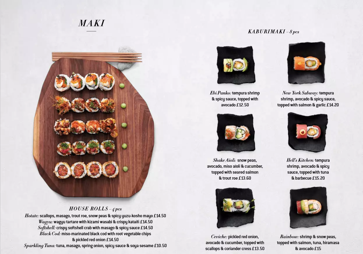 Image: Menu with appealing product photos of Sushi