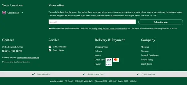Screenshot of the footer from the retailer Manufactum Image: Screenshot of the footer from the retailer Manufactum