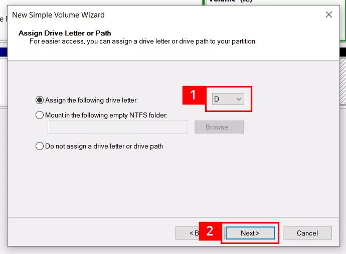 Image: Dialog box for assigning drive letter or path in the New Simple Volume Wizard