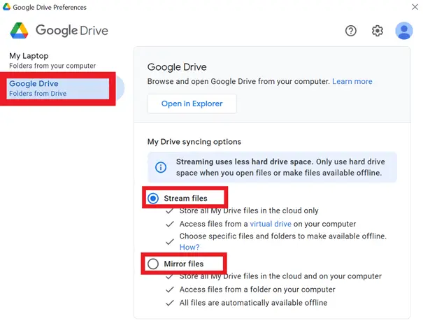 Under “Google Drive”, you can choose between “Stream files” and “Mirror files” Under “Google Drive”, you can choose between “Stream files” and “Mirror files”