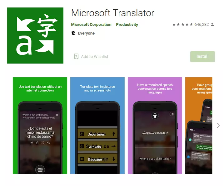 Image: Microsoft Translator in Google Play Store