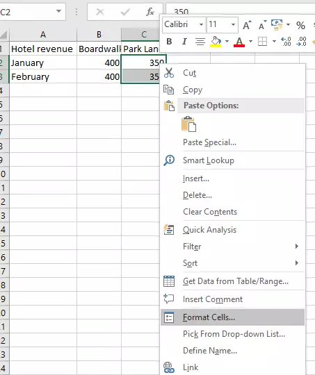 Selected cells in Excel and “Format Cells” menu