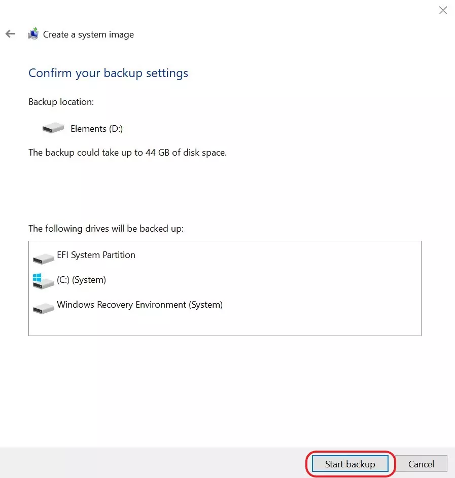 Image: “Start backup” to start the backup