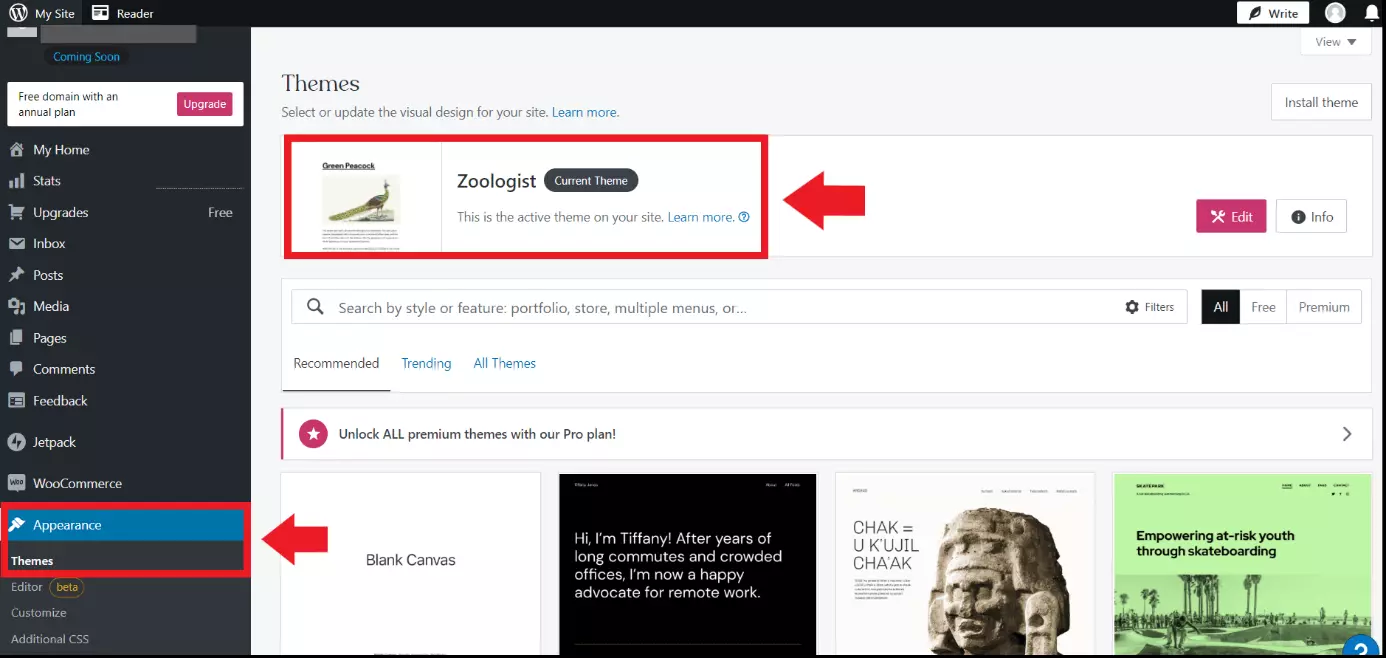 The WordPress page in the dashboard with all WordPress themes installed
