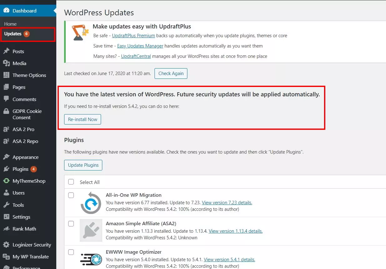 Image: Checking your WordPress version in the dashboard