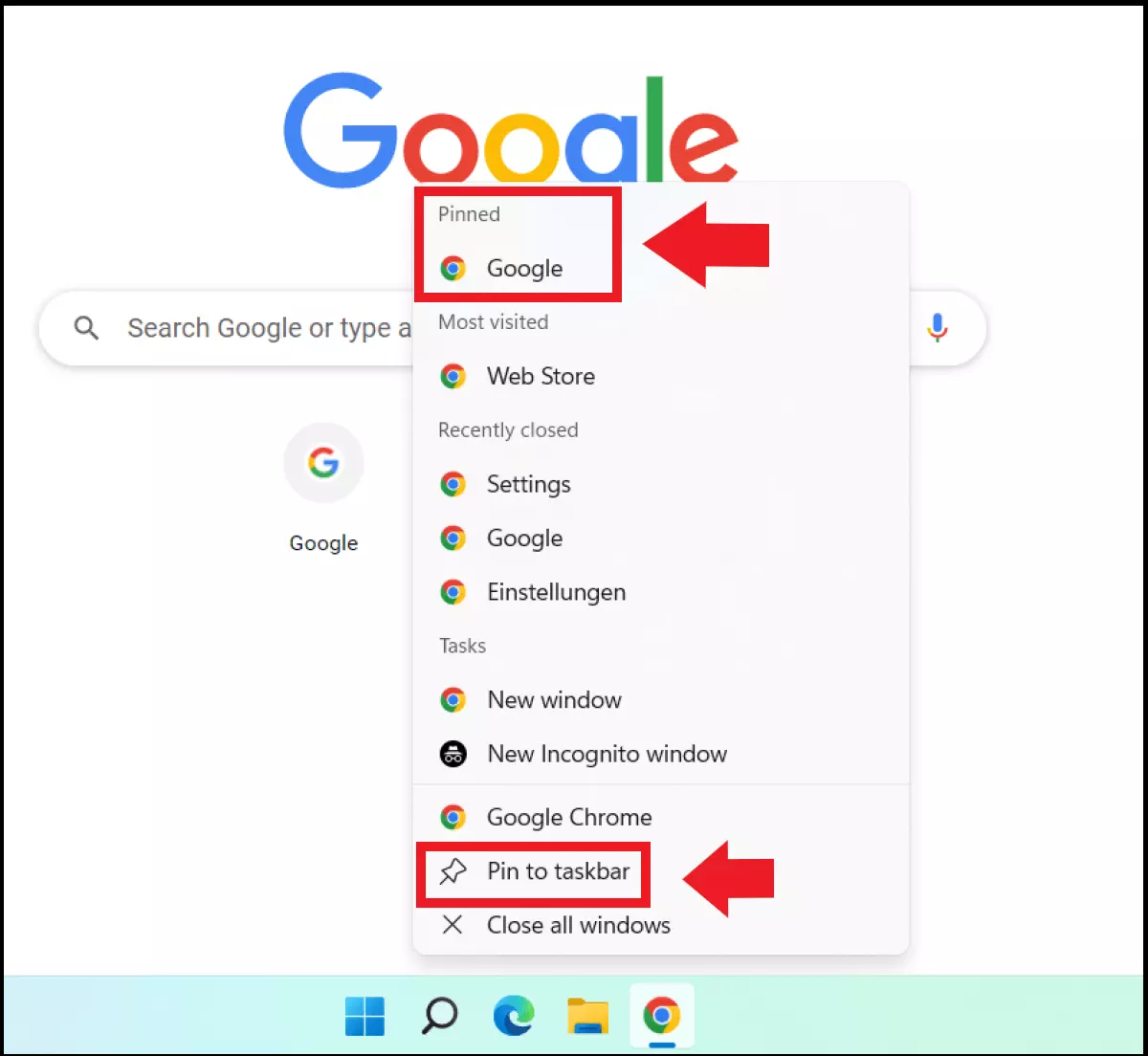 Image: Pinned web links in the taskbar’s browser icon