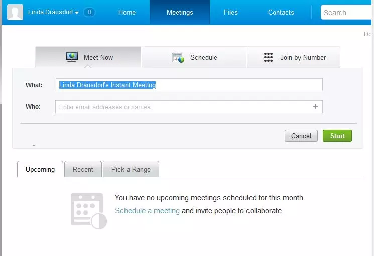 Image: WebEx: 'Meetings' menu