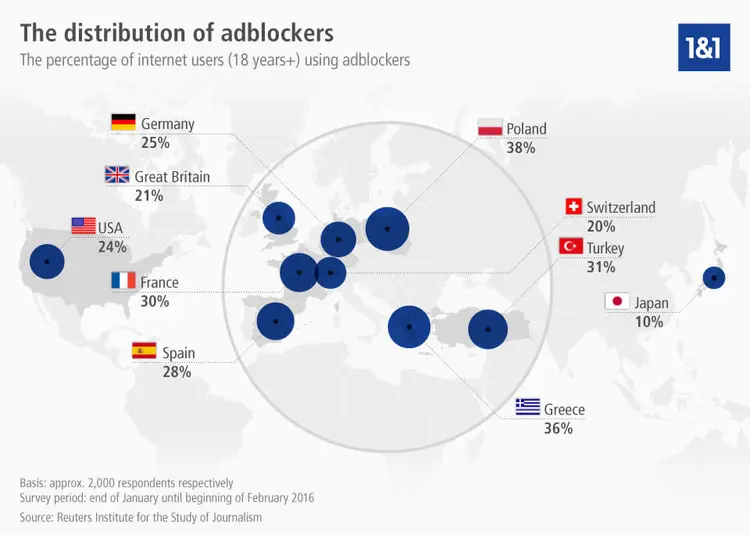 Infographic showing the worldwide distribution of adblockers Infographic showing the worldwide distribution of adblockers