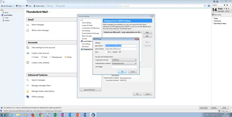 Window “SMTP-Server“ in Mozilla Thunderbird Window “SMTP-Server“ in Mozilla Thunderbird