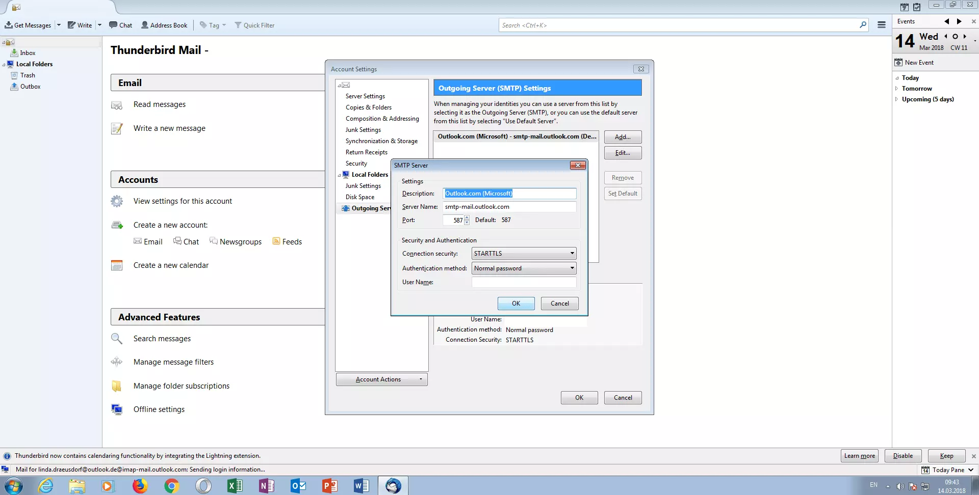 Image: Window “SMTP-Server“ in Mozilla Thunderbird