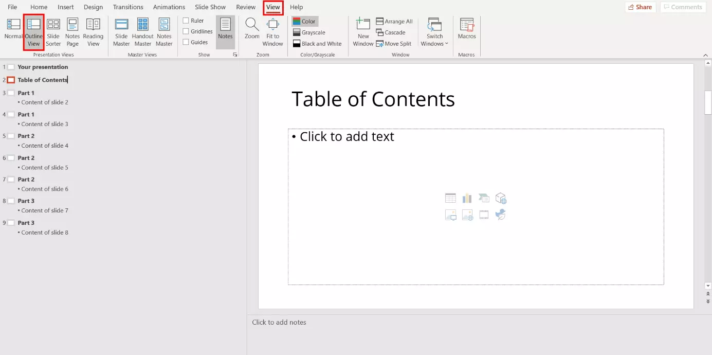 Image: PowerPoint table of contents: Outline View