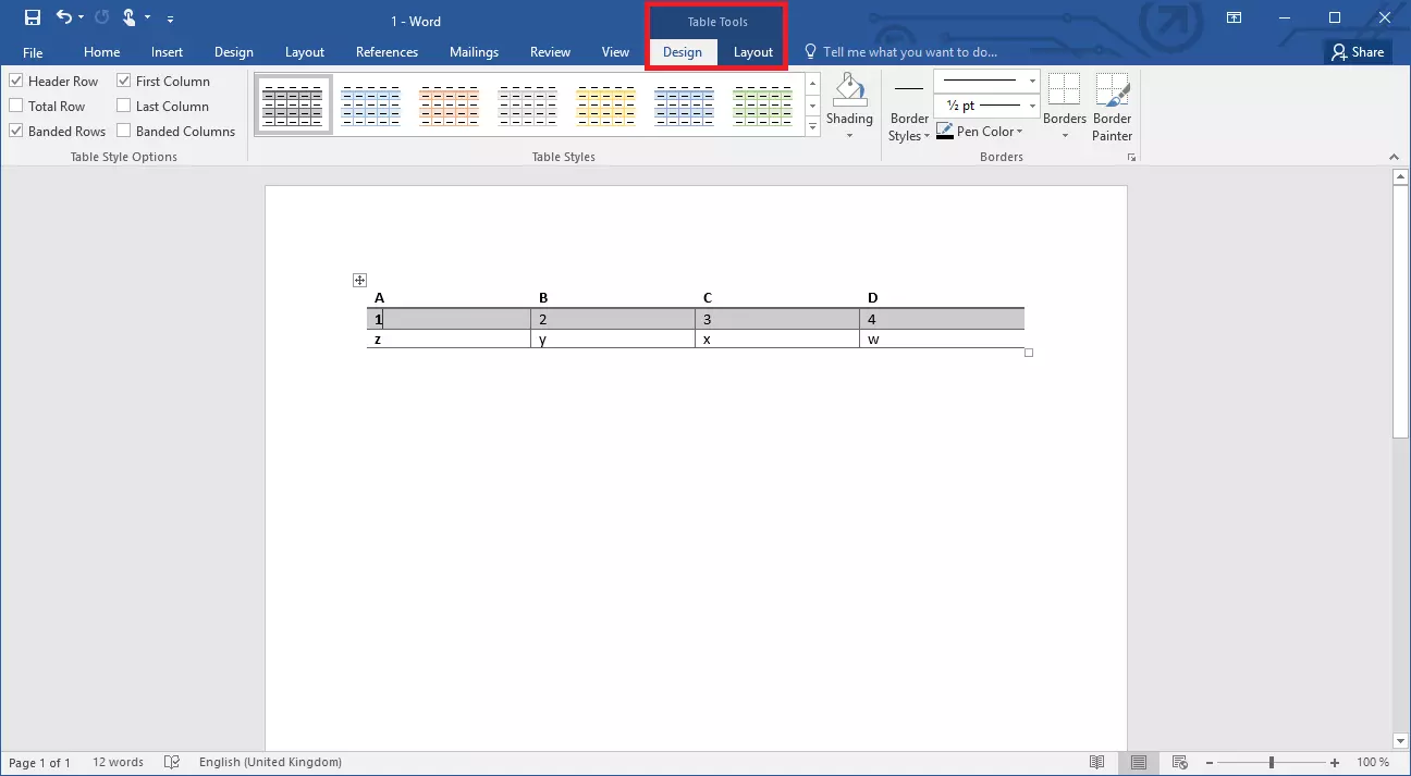 Image: The Table Tools selection in Word