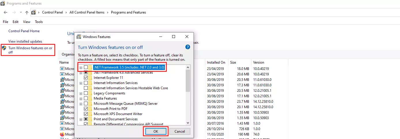 Image: Windows features: Turning off .NET Framework 3.5