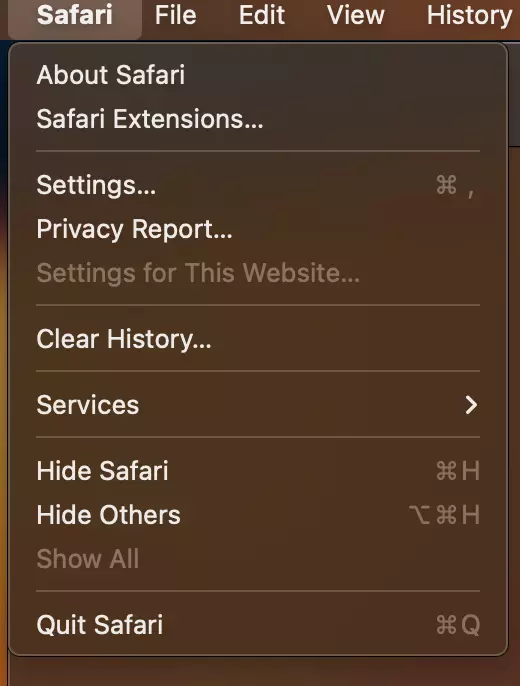 Screenshot of the Safari drop-down menu Screenshot of the Safari drop-down menu