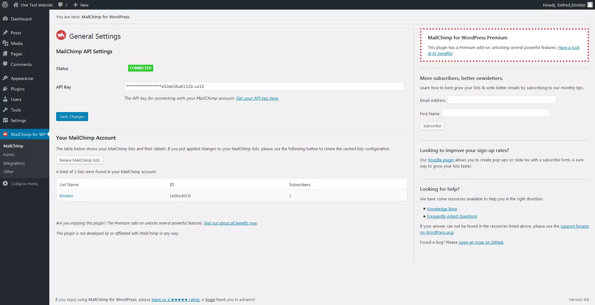Image: Overview of the general settings for the ‘MailChimp for WordPress‘ plugin