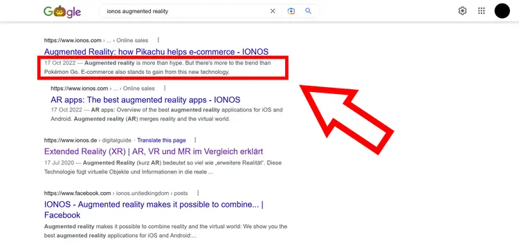 Screenshot of Google search results with an example of a meta description from an IONOS article about augmented reality Screenshot of Google search results with an example of a meta description from an IONOS article about augmented reality