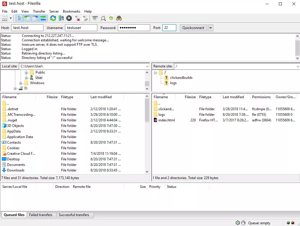 Image: Open FTP program with status window at the top, the local files on the left and the server directory on the right.