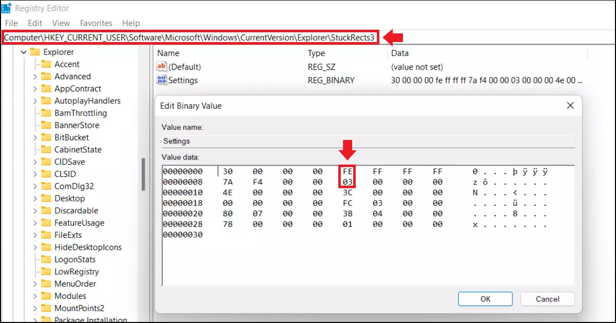 The registry submenu “Settings” for the position of the taskbar The registry submenu “Settings” for the position of the taskbar
