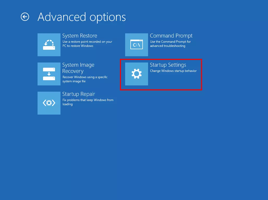 Image: Windows 8 system recovery: advanced options with startup settings