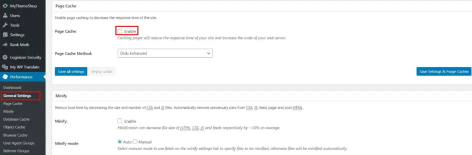 W3 Total Cache General Settings showing the enable caching checkbox