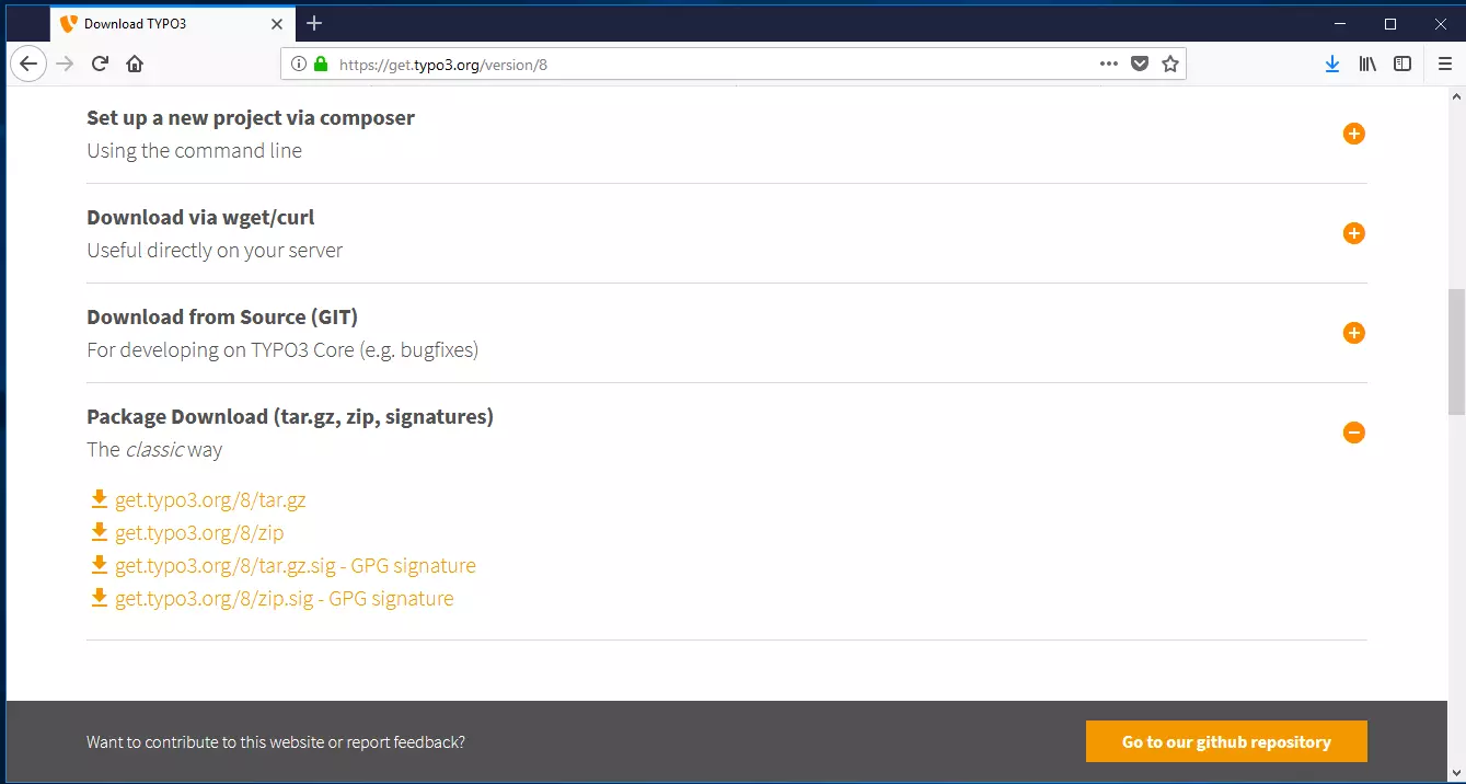 Image: Download links for TYPO3 version 8: To install using a command line, server, as a GitHub source code and as a compressed package.