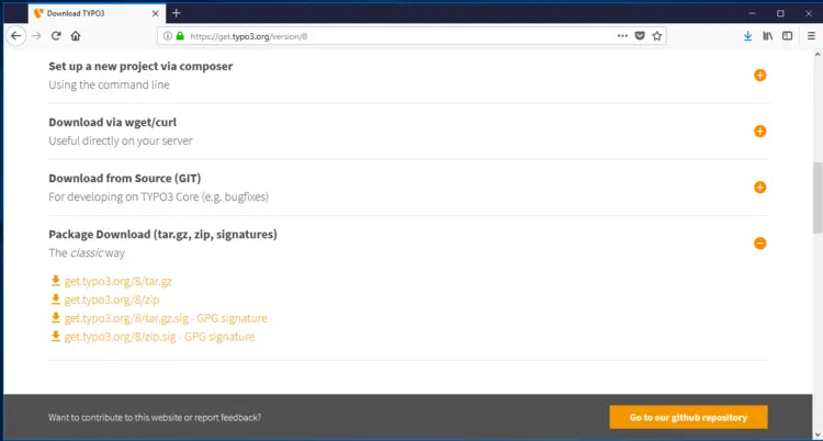Download links for TYPO3 version 8: To install using a command line, server, as a GitHub source code and as a compressed package. Download links for TYPO3 version 8: To install using a command line, server, as a GitHub source code and as a compressed package.