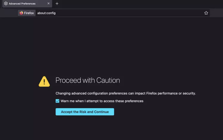 Screenshot of the warning page that appears when running the command about:config Screenshot of the warning page that appears when running the command about:config